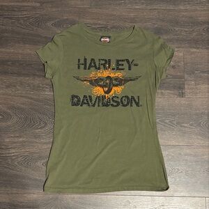 Harley-Davidson Olive Green Short Sleeve Graphic Tee with Orange Accent